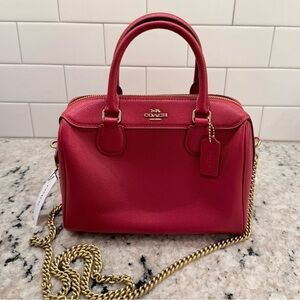 Coach Cherry Red Leather Mini Bennett Satchel with chain crossbody strap EUC